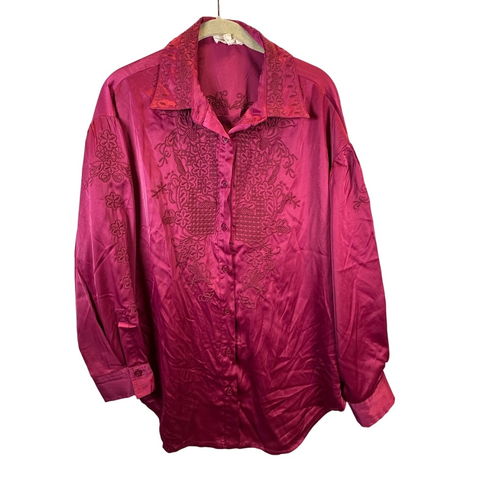 Listicle Magenta Satin Embroidered Button Up Blouse Long Sleeve Size Small